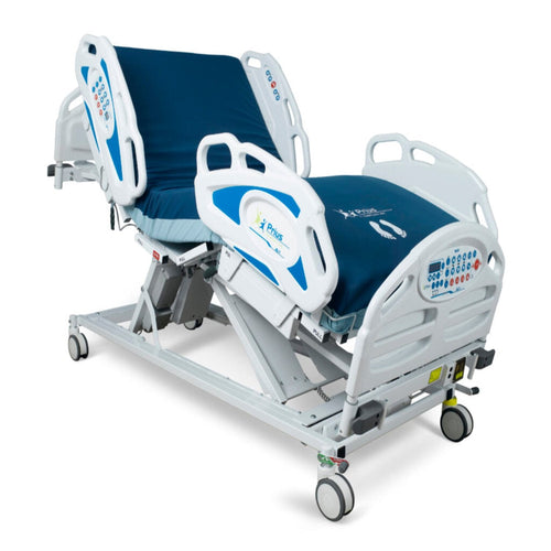 Adjustable Medical Bed Prius Ai1  with blue covers, designed for comfort and modern style, ideal for patient care in healthcare settings.