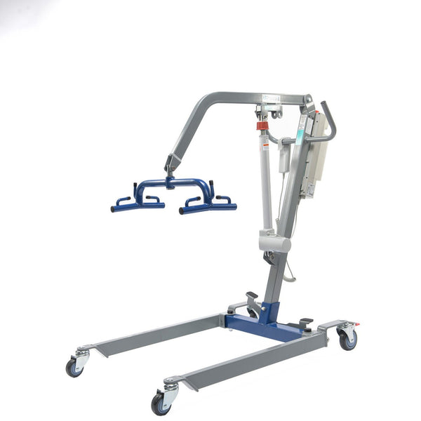 The Protekt Transformer Electric Patient Lift Model #33400HE features a metal frame, wheeled base, and blue sling arm for safe homecare transfers and mobility assistance for individuals with limited movement.