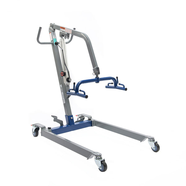 The Protekt Transformer Electric Patient Lift (Model #33400HE) is a gray and blue lift with wheels, handles, a sturdy frame, and a spreader bar for sling attachment, designed for safe transfer of individuals with limited mobility.