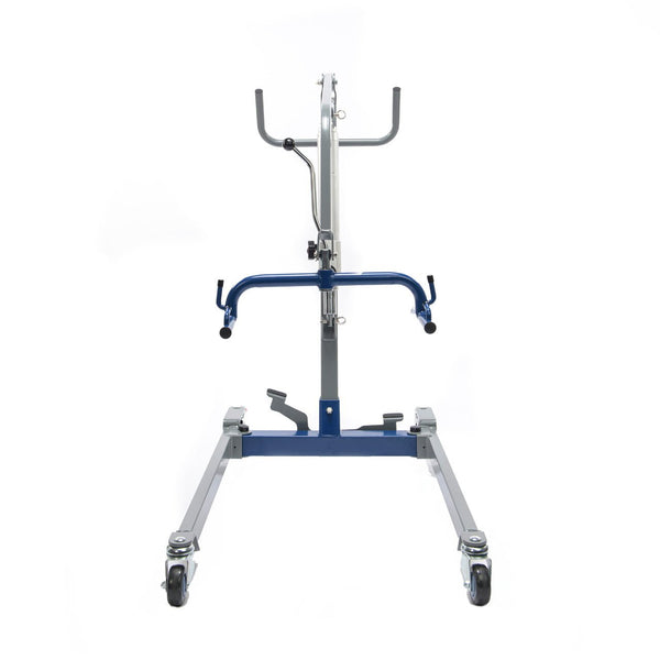 Front view of the Protekt Transformer Electric Patient Lift Model #33400HE, featuring a metal frame with four wheels, central upright support, adjustable arms, and handles—designed for lifting and transferring patients.