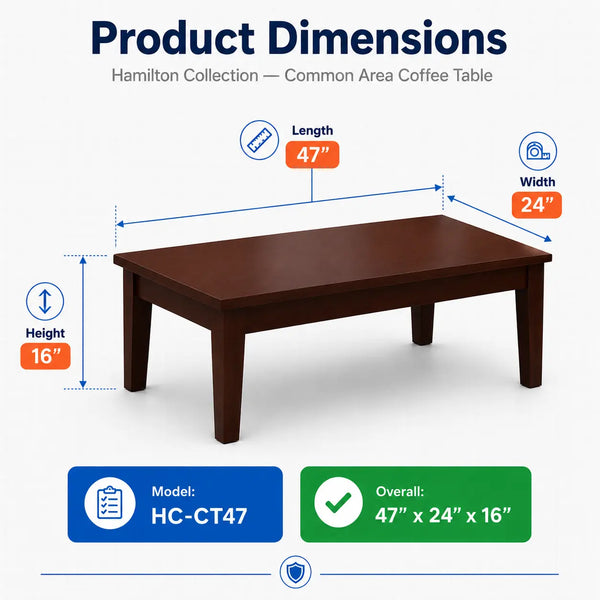 Product dimensions graphic for a dark brown wooden coffee table from the Hamilton Collection, showing a 47-inch by 24-inch by 16-inch size measurement diagram with blue, orange, and green informational badges.