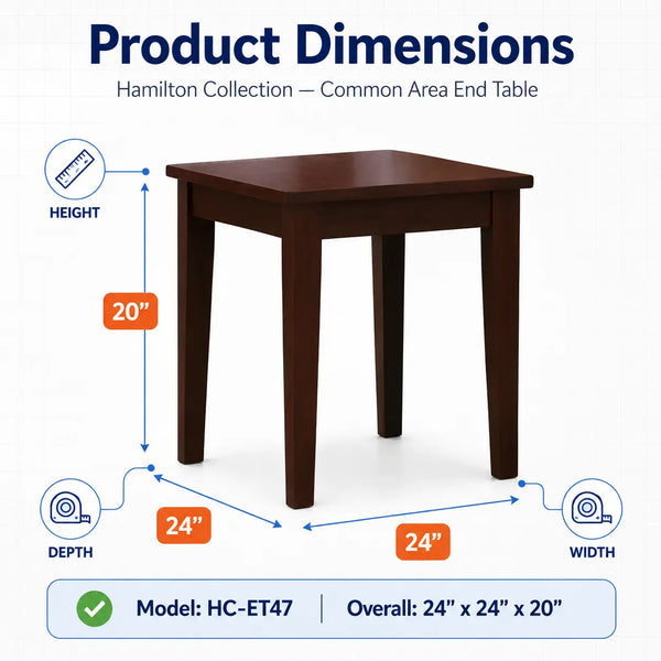Product dimensions diagram for a dark brown wooden end table from the Hamilton Collection, showing height, depth, and width measurements with blue arrows and orange dimension labels on a white background.