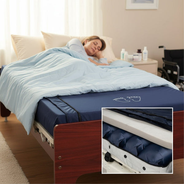 A woman sleeping comfortably on the Protekt 1st Defense mattress deployed on a bed and a close-up of the mattress' foam and air bladders on the lower right corner of the photo