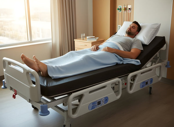 A tall man sleeping comfortably on a 42"x84" Protekt 600 Bariatric Foam Mattress in a hospital bed