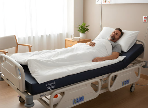 Man resting comfortably on a Protekt 600 Bariatric Foam Mattress in a hospital bed