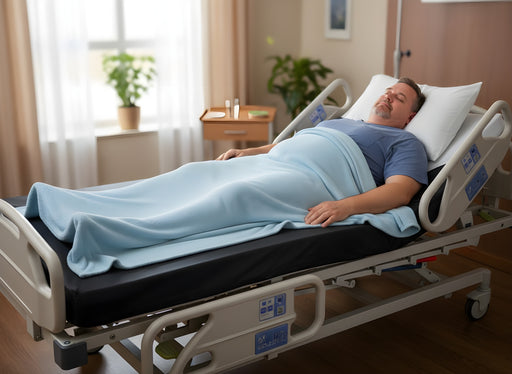 A man sleeping comfortably on a 48" Protekt 600 Bariatric Foam Mattress installed in a hospital bed
