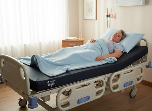 Middle-aged woman sleeping comfortably on a 48" Protekt 600 Bariatric Foam Mattress in a hospital bed