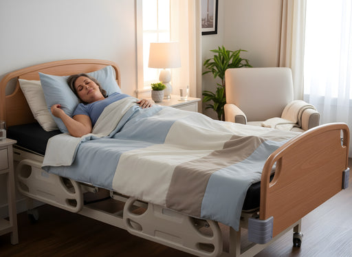 A woman sleeping comfortably on a 54" Protekt 600 Bariatric Foam Mattress installed in a hospital bed