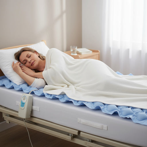 Woman resting on a hospital bed with the Protekt Aire 1500 adjustable alternating pressure mattress overlay and adjustment knob, designed for pressure ulcer prevention and patient comfort