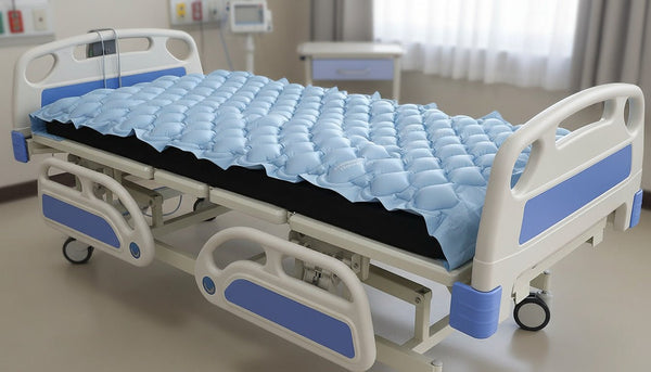 Protekt Aire 1500 alternating pressure mattress overlay placed on a hospital bed, providing pressure relief and improved pressure ulcer prevention