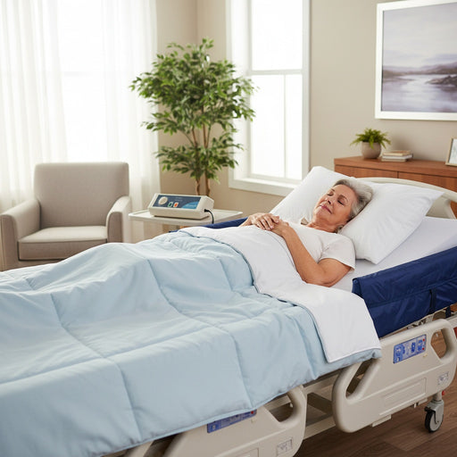 An elderly woman lying comfortably on the Protekt Aire 3600AB air mattress system with raised side air bolsters, installed on a hospital bed for pressure relief