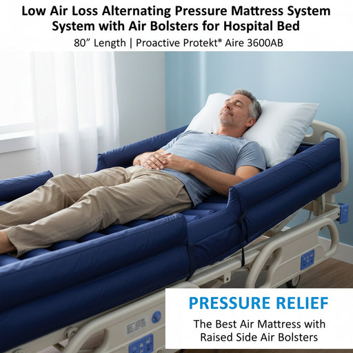 Patient lying comfortably on the Protekt Aire 3500AB air mattress system with raised side air bolsters, installed on a hospital bed for pressure relief