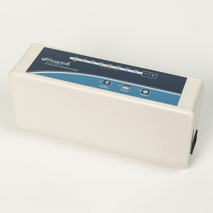 Protekt Aire 4000DX/5000DX system control unit angled view, displaying the white control box with blue panel showing weight setting scale, and control buttons for mute/low pressure, static, and power functions