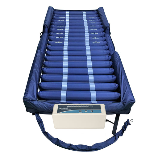 Full view of the Protekt Aire 4600DXAB alternating pressure mattress with raised side air bolsters, shown with its digital pump at the foot of the bed