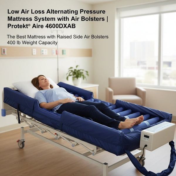 Woman resting on the Protekt Aire 4600DXAB alternating pressure air mattress with raised side bolsters, installed on a hospital bed in a patient room