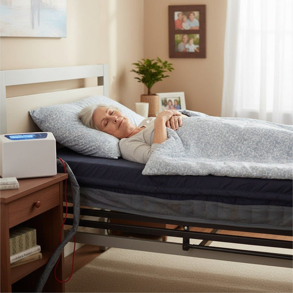 Woman resting comfortably on the Protekt Aire 6000 alternating pressure air mattress connected to the digital pump at the bedside