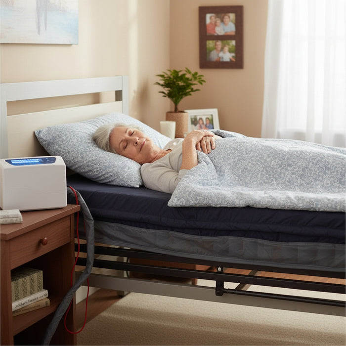 Woman resting comfortably on the Protekt Aire 6000 alternating pressure air mattress connected to the digital pump at the bedside