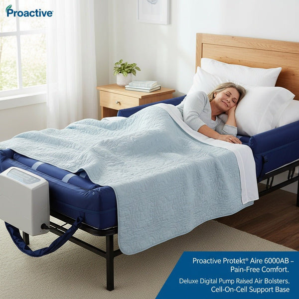 Woman resting comfortably on the Protekt Aire 6000AB alternating pressure air mattress with raised side bolsters, connected to the digital pump at the foot of the bed. The text "Proactive Protekt Aire 6000AB - Pain-Free Comfort. Deluxe Digital Pump Raised Air Bolsters. Cell-On-Cell Support Base" is on the lower right side of the image, and the brand name "Proactive" is on the upper left corner