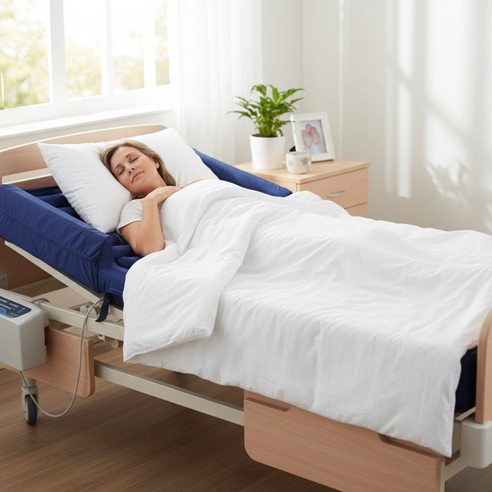 Woman resting comfortably on the Protekt Aire 6000AB alternating pressure air mattress with raised side bolsters, connected to the digital pump at the side of the bed