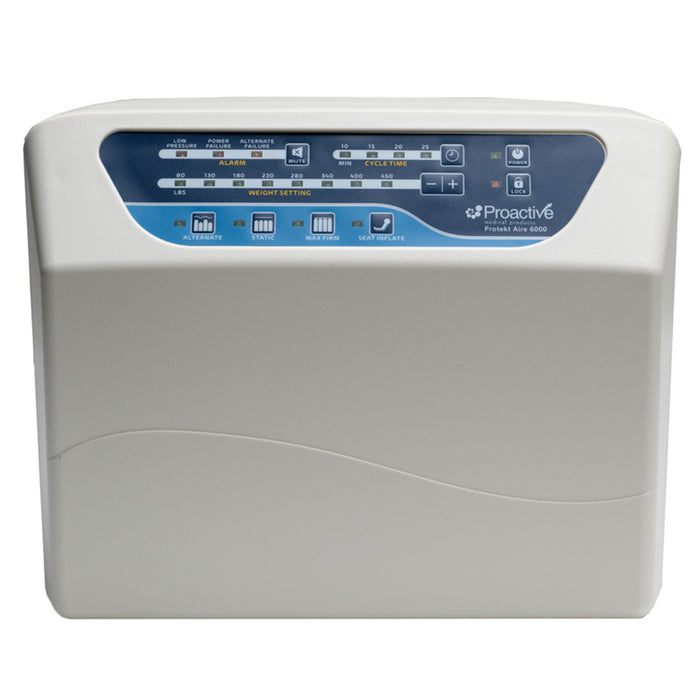 Front view of Protekt Aire 6000 system pump/control unit showing complete control panel with alarm indicators, weight settings, cycle time controls, and therapy mode buttons