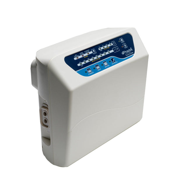 Protekt Aire 6000 pump close-up, angled side view showing control panel with LED indicators, weight settings, and connection ports