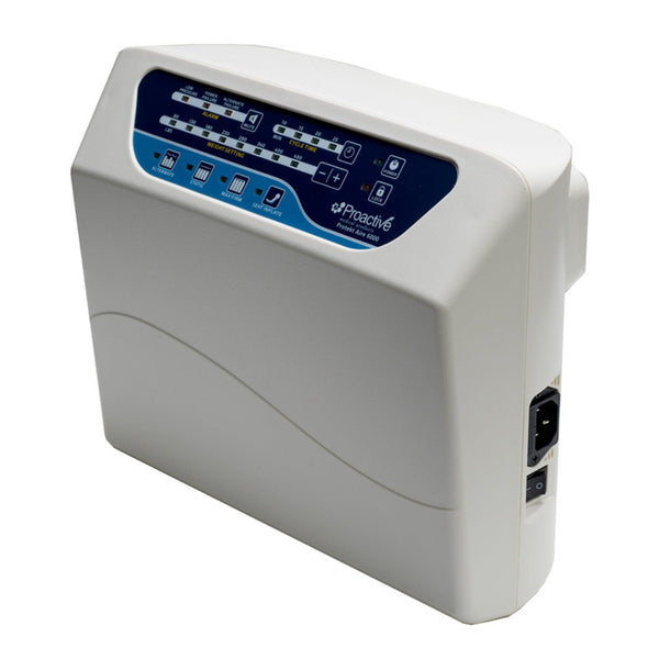 Side angle view of Protekt Aire 6000 system control unit displaying the digital interface panel and device profile with power connection port