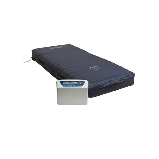 Protekt Aire 6400 system setup showing dark blue alternating pressure mattress and white deluxe pump/control unit
