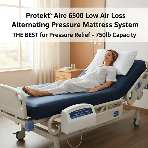 Protekt Aire 6500 system in use showing patient resting comfortably on the dark blue alternating pressure mattress in a hospital bed setting with the control unit mounted on the bed frame and marketing text overlay highlighting pressure relief capabilities