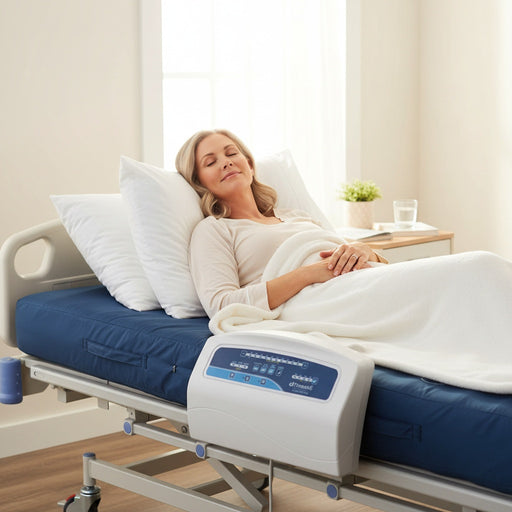 Protekt Aire 6500 system in use showing patient resting comfortably on the dark blue alternating pressure mattress in a hospital bed setting with the control unit mounted on the bed frame