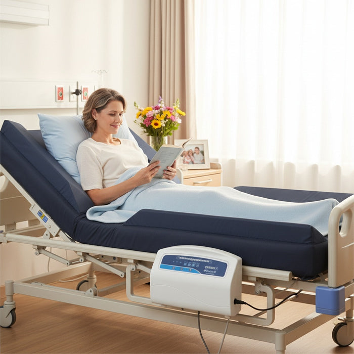 Protekt Aire 6500 system with foam raised rails in use showing patient resting comfortably on the dark blue alternating pressure mattress in a hospital bed setting with the control unit mounted on the bed frame