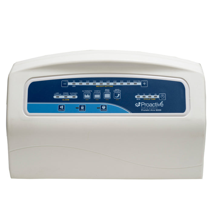 Front view of Protekt Aire 8000 system pump showing complete control panel with alarm indicators, weight settings, cycle time controls, and therapy mode buttons