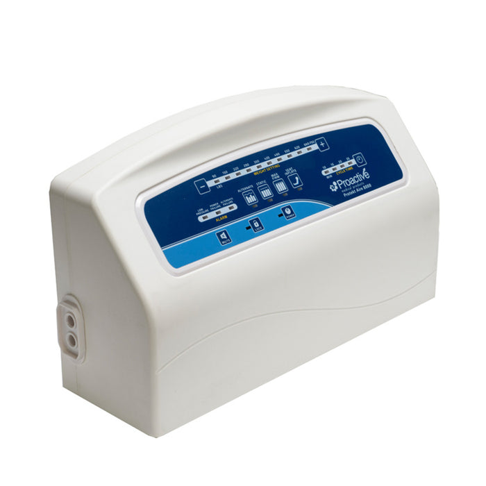 Protekt Aire 8000 system pump showing digital display panel with pressure settings, therapy modes, and control buttons on white medical device housing