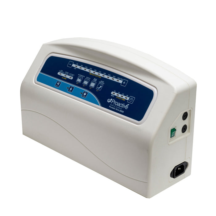 Side angle view of Protekt Aire 8000 system pump displaying the digital interface panel and device profile with power connection port and green power switch