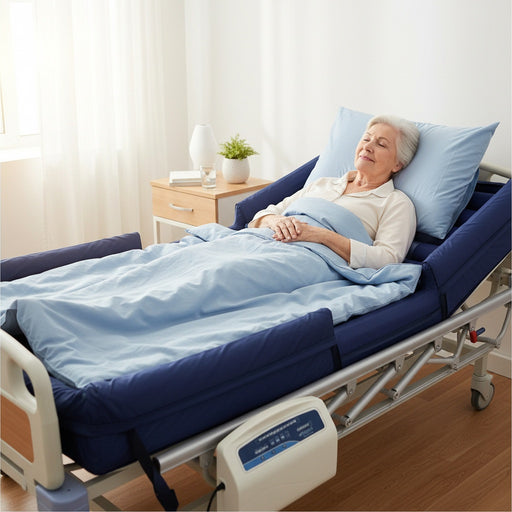 Elderly patient comfortably resting on the Protekt Aire 8600AB air mattress with raised bolsters, connected to the Protekt Aire 8000 pump