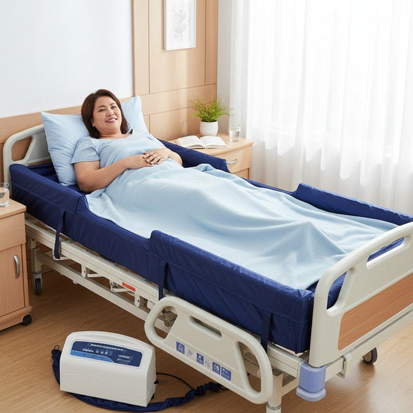Smiling patient resting on the Protekt Aire 8600AB alternating pressure air mattress with raised side bolsters, installed on a hospital bed and connected to the digital pump at the bedside
