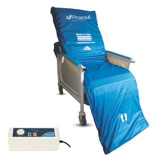 Protekt Aire Geri-Chair Alternating Pressure Overlay System displayed on a medical recliner with the Protekt Aire 3000 pump