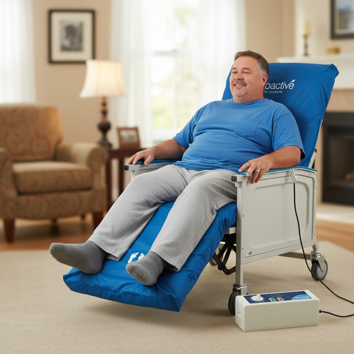 Man resting in a wide geri-chair equipped with the Bariatric Protekt Aire Geri-Chair Alternating Pressure Overlay System connected to the Protekt Aire 3000 pump