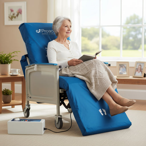 Elderly woman seated on a recliner using the Protekt Aire Geri-Chair Alternating Pressure Overlay System with the Protekt Aire 3000 pump for pressure relief