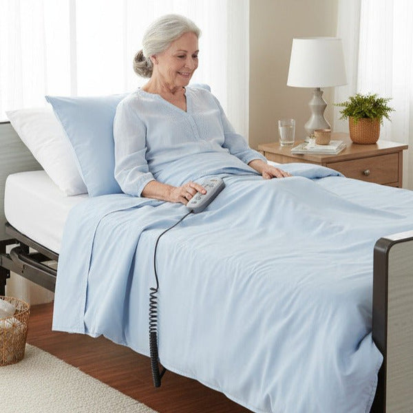 An elderly woman sits up comfortably in the Protekt Akra-FE Black Vein full electric bed in a bright room. She is adjusting the bed with a wired remote control. The bed is made with light blue sheets and pillows