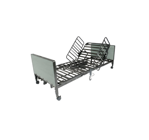 The Protekt Akra-FE Black Vein full electric bed frame, shown without a mattress. The black metal frame is articulated, with the head section slightly raised and the foot section partially raised. It includes gray wood-look head and footboards