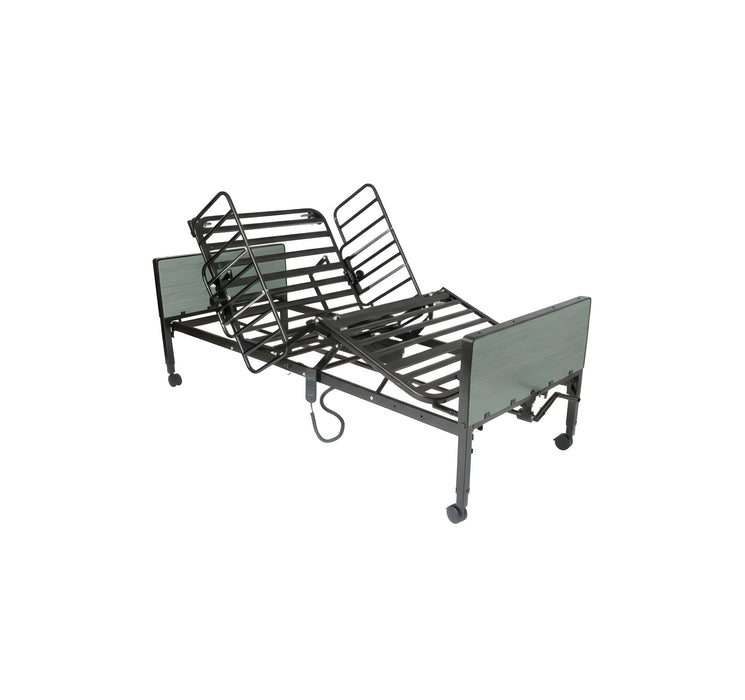 The Protekt Akra-FE Black Vein full electric bed frame, shown without a mattress. The black metal frame is articulated, with the head and foot sections raised. It features head and footboards with a gray wood-look finish