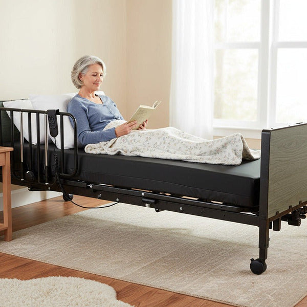 A middle-aged woman is comfortably reading a book while sitting up in the Protekt Akra-FE Black Vein full electric bed. The bed has black rails, a dark mattress, and gray wood-look headboard and footboard