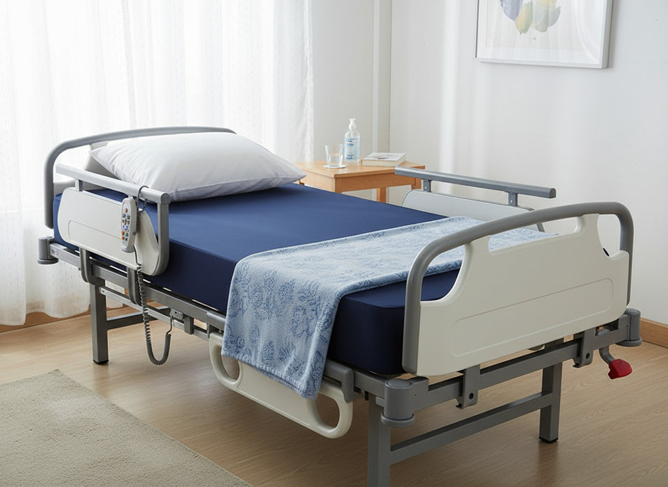 A hospital room setting showing a medical bed with the dark blue Proactive Protekt HC 50 foam mattress with cover installed. A pillow and a light blue blanket are visible, and the bed is empty