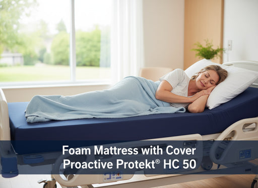 A woman sleeps on her side in a hospital bed, covered by a light blue blanket. She is lying on the dark blue Proactive Protekt HC 50 foam mattress with cover. Overlay text reads: "Foam Mattress with Cover Proactive Protekt® HC 50"