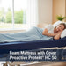 A woman sleeps on her side in a hospital bed, covered by a light blue blanket. She is lying on the dark blue Proactive Protekt HC 50 foam mattress with cover. Overlay text reads: "Foam Mattress with Cover Proactive Protekt® HC 50"