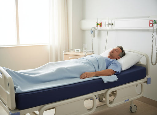A middle-aged man rests comfortably on his back in a hospital bed covered by a light blue blanket, lying on the dark blue Proactive Protekt HC 50 foam mattress with cover. Bright sunlight streams in from a window on the left