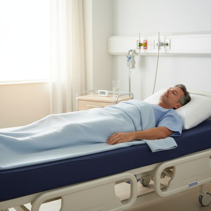 A middle-aged man rests comfortably on his back in a hospital bed covered by a light blue blanket, lying on the dark blue Proactive Protekt HC 50 foam mattress with cover. Bright sunlight streams in from a window on the left
