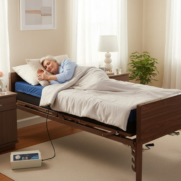 Elderly woman resting on the Protekt Supreme Support mattress system connected to the Protekt Aire 2000/3000 pump placed on the floor beside the hospital bed