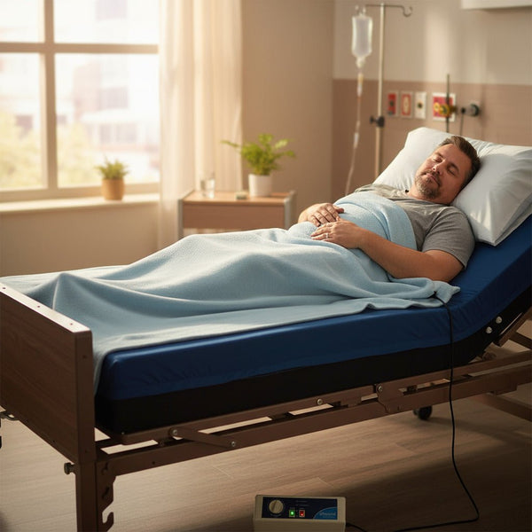 Man resting on the Protekt Supreme Support mattress system, connected to the Protekt Aire 2000/3000 pump placed on the floor, designed for pressure relief and comfort on a hospital bed