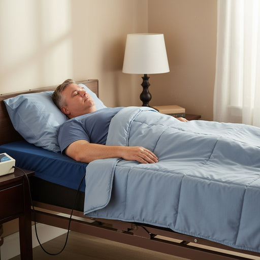 Man resting on the Protekt Supreme Support mattress system, connected to the Protekt Aire 2000/3000 pump placed on the bedside table, designed for pressure relief and comfort on a hospital bed